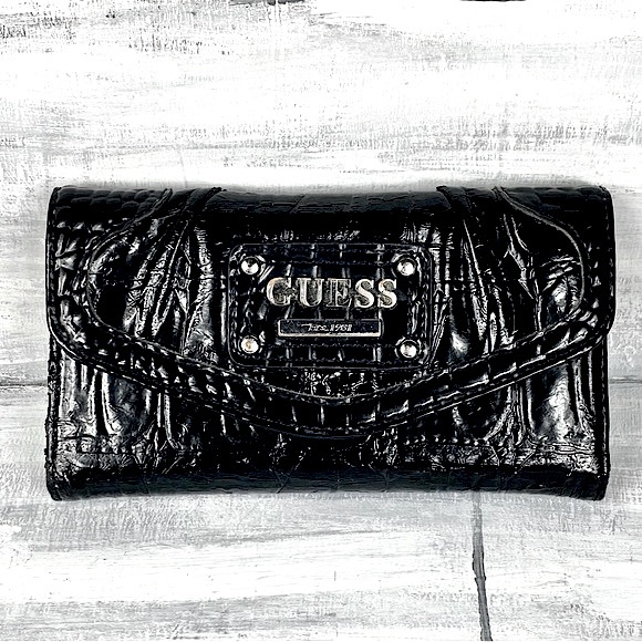 Guess Black Faux Leather Croc Embossed Long Wallet Card Holder Billfold Clutch - Picture 2 of 16